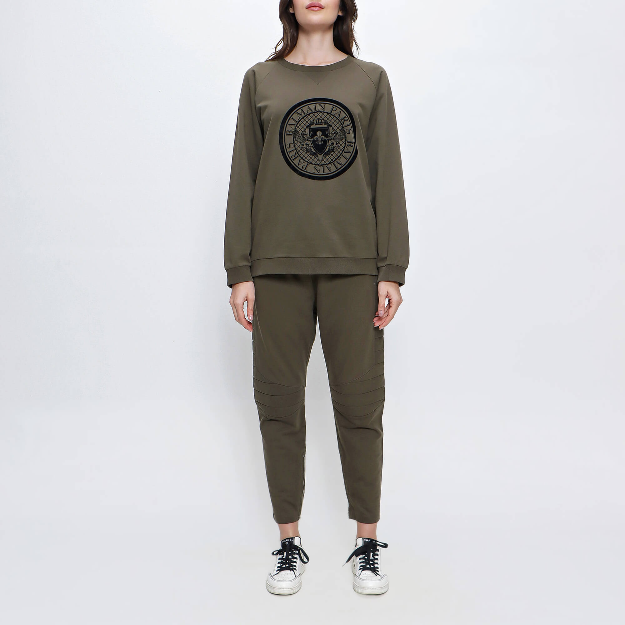 Balmain - Khaki Cotton Black Logo Print Sweatshirt and Sweatpants Set 